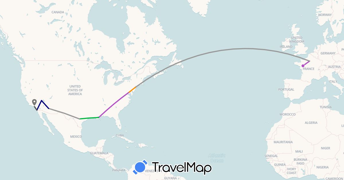 TravelMap itinerary: driving, bus, plane, train, hitchhiking, motorbike in France, United States (Europe, North America)